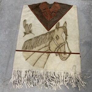 Vintage Suede Leather Horse Poncho Fringe Western Tan Brown Hand engraved cape
